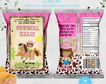 Cowgirl Chip bag Party Favour, Dark & light skin Cowgirl Potatoes Chip packet, favor wrapper Western Country Pink Brown Horse Editable Corjl