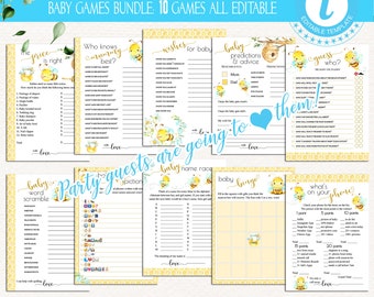 Bee Theme Baby Shower Games 10 Editable Games, Baby Shower Bundle, Printable Games, Baby Games Pack, Bingo, Advice Predictions, Bumble Bee