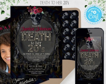 Death to her 20s (ANY age) Party Invitation / Evite Skull Gothic Editable Template, RIP 20s Twenties 30th Female Birthday Digital Instant