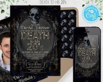 Death to his 20s (ANY age) Party Invitation / Evite Skull Gothic Editable Template, RIP 20s, RIP Twenties 30th Male Birthday Digital Instant