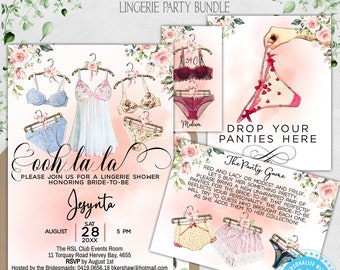 Lingerie Shower Bachelorette Party Bundle, Invitation Evite Panty Game Lingerie size, Ooh la la bra & panties  Editable Printable Instant