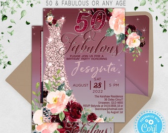 50 & Fabulous Birthday Invitation 50th Fifty / Any Age Elegant Glitter Dress Roses Milestone Invite Editable Corjl template Instant Download