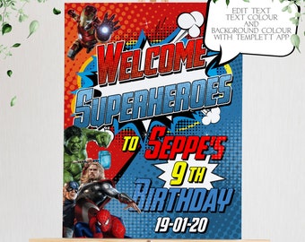 DC Mavel Avengers Welcome Sign, Kids birthday party Avengers Poster, Superhero welcome Editable Printable Template Instant Download Hero01