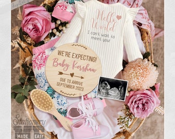 We're Expecting Pregnancy Announcement Social Media, it's a girl reveal, Onesie Digital, template for Baby, Pink floral, Corjl DIY instagram