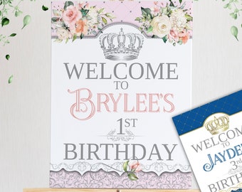 Birthday welcome sign, crown gold or silver floral royal birthday, princess prince any age event poster, editable printable party decor BC01