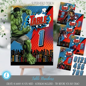 Table Number Template, Superhero Avengers Design, comic book style, TRY BEFORE You BUY, Editable Instant Download, Hero01
