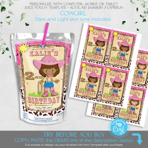 Cowgirl Juice Box Party Favour, Dark & light skin Cowgirl, caprisun kool-aid jammers drink label wrapper Western Pink Girl Editable Corjl