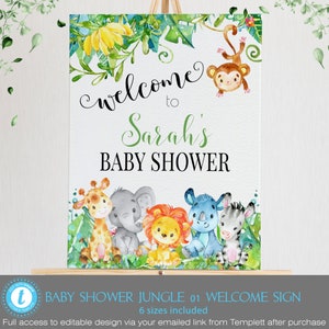 May include: Welcome to Sarah's Baby Shower sign with a jungle theme. The sign features a green leafy border with a monkey, giraffe, elephant, lion, rhino, and zebra. The text is in black and green.