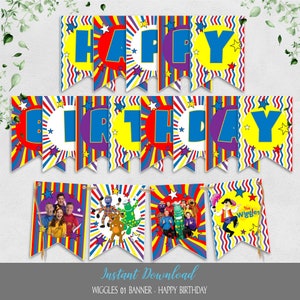 Wiggles Birthday Banner, Unisex birthday bunting, Kids party The Wiggles flags Decoration Editable Printable Template Instant Download BPW01