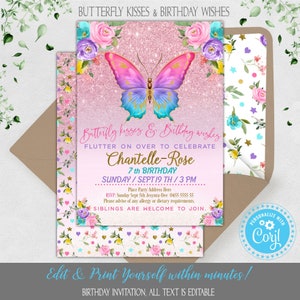 Butterfly Kisses Birthday Wishes Invitation, Girl Party Invite, Pretty Pastel Floral Rainbow Butterfly, Pink Glitter Editable Corjl