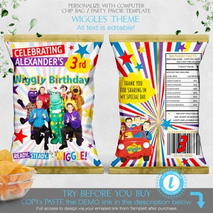 Wiggles chip bag packet wrap Kids Birthday Party the Wiggles theme favors Wags Henry Dorothy Dinosaur Editable Templett Download BPW01