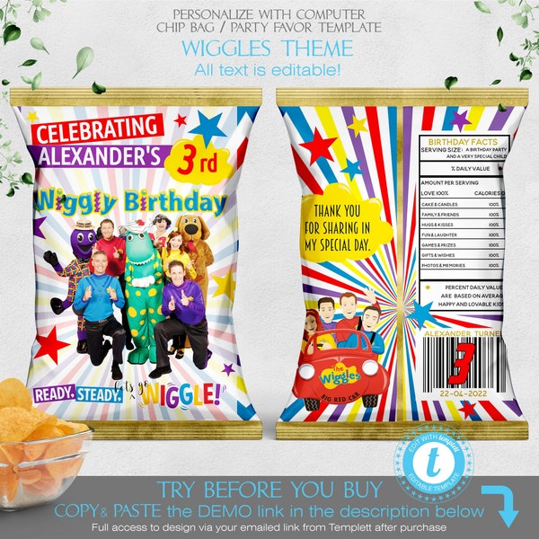 Wiggles chip bag packet wrap Kids Birthday Party the Wiggles theme favors Wags Henry Dorothy Dinosaur Editable Templett Download BPW01