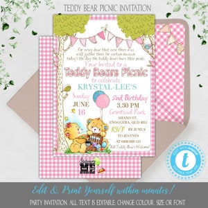 Teddy Bears Picnic Birthday Invitation, Pink Gingham Unisex birthday invite, Kids party in the park invite, Printable Girls birthday BTBP01