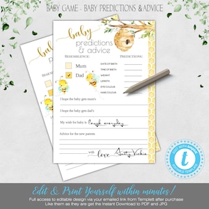 Bee Theme Baby Shower Game: Predictions & Advice Card, bumble bee Baby Shower Printable Game, Cute honey bee game Editable Templett Instant