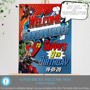 DC Mavel Avengers Welcome Sign, Kids birthday party Avengers Poster, Superhero welcome Editable Printable Template Instant Download Hero01