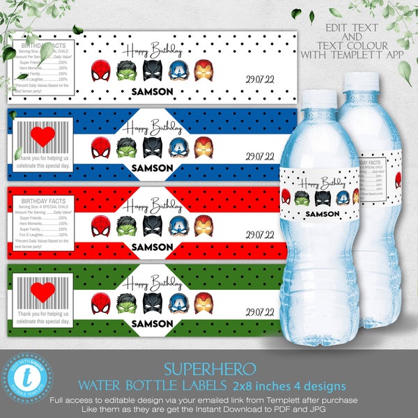 DC Marvel Avengers Water bottle labels, Superhero masks wrappers Kids birthday party Avengers, Editable Printable Template Instant Download