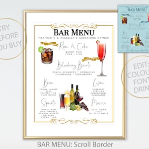 Puede incluir: Un menú de bar enmarcado con un borde dorado, que presenta una lista de bebidas exclusivas. El menú incluye secciones para Ron & Coca-Cola, Blushing Bride, cerveza, licores, vino y mezcladores. Una versión más pequeña del menú está en la esquina superior derecha.