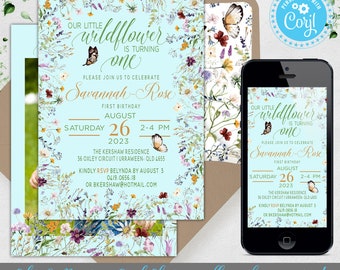 Wildflower First Birthday Invitation or Any Age Invite  Floral Garden Flower Evite | Editable Personalized Printable Digital Corjl template