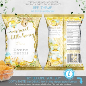 Bee Themed Chip bag, Bumble bee chip packet, Kids Bee-Day party favor, Baby Shower Decoration Editable Printable Template and Instant
