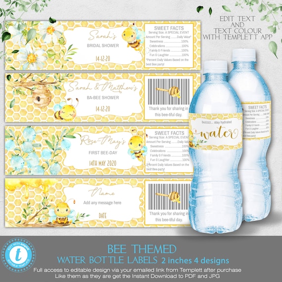 Bee water bottle labels, Bumble Bee theme party favors, gender neutral baby shower, yellow floral juice wraps Bee-Day Editable Templett Bees