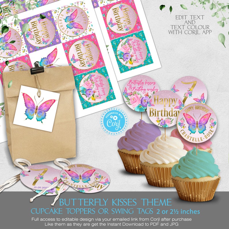 Butterfly Kisses Birthday Wishes Invitation, Girl Party Invite, Pretty Pastel Floral Rainbow Butterfly, Pink Glitter Editable Corjl image 8