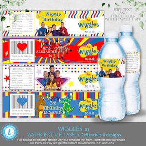 Wiggles water bottle wrappers Party Labels juice Wrap the Wiggles theme favors Wags Henry Dorothy Dinosaur Editable Templett Download BPW01