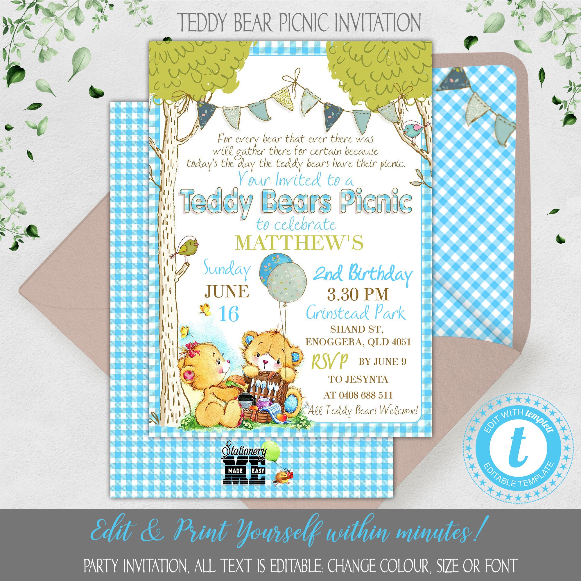 Teddy Bear Picnic Birthday Invitation, Boy Teddy Bear Party Theme, Cute ...