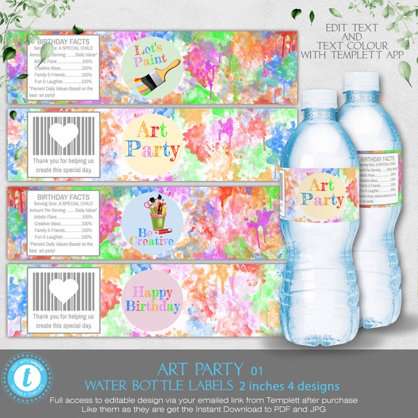 Art Party Water Bottle Labels, Art Party Labels, Bottle Wrap, Art Birthday Decor, Paint party favor, craft party, Editable Templett BAP001