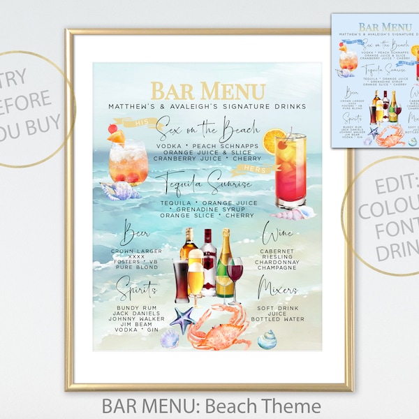 Beach Theme Printable Signature Cocktails Sign, Editable Signature Cocktails Template, Wedding Bar Menu Sign Template, 300+ Drink Images