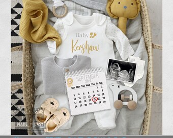 Editable Boho Pregnancy Announcement Social Media, Calendar with onesie and lion, Digital Download, Gender Neutral Baby, Instagram Corjl DIY