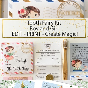 Editable Tooth Fairy Kit Letter Pouch Receipt Tooth Guide and Envelope, Printable, Editable Template, Personalised Boy or Girl Fairy Note