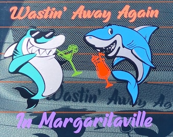 TROPICAL Jimmy Buffett themed car decal/sticker Wastin' Away Again in Margaritaville Drinking Sharks 5 1/2 in X 4 3/4 Free Ship & No Tariff