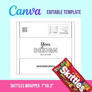 May include: A printable template for a Skittles candy wrapper. The template is 7 inches by 6.3 inches and features a black and white design with a space for a custom design and message. The template also includes a nutrition facts label and a QR code.