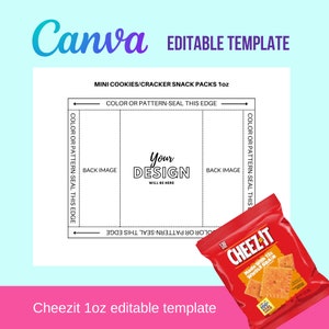 May include: A printable template for creating custom 1 oz snack packs. The template shows a blank design with the words "Your Design Will Be Here" and the text "Color or Pattern-Seal This Edge" on the sides. The template is designed to be used with a snack pack like the Cheez-It box shown in the image.