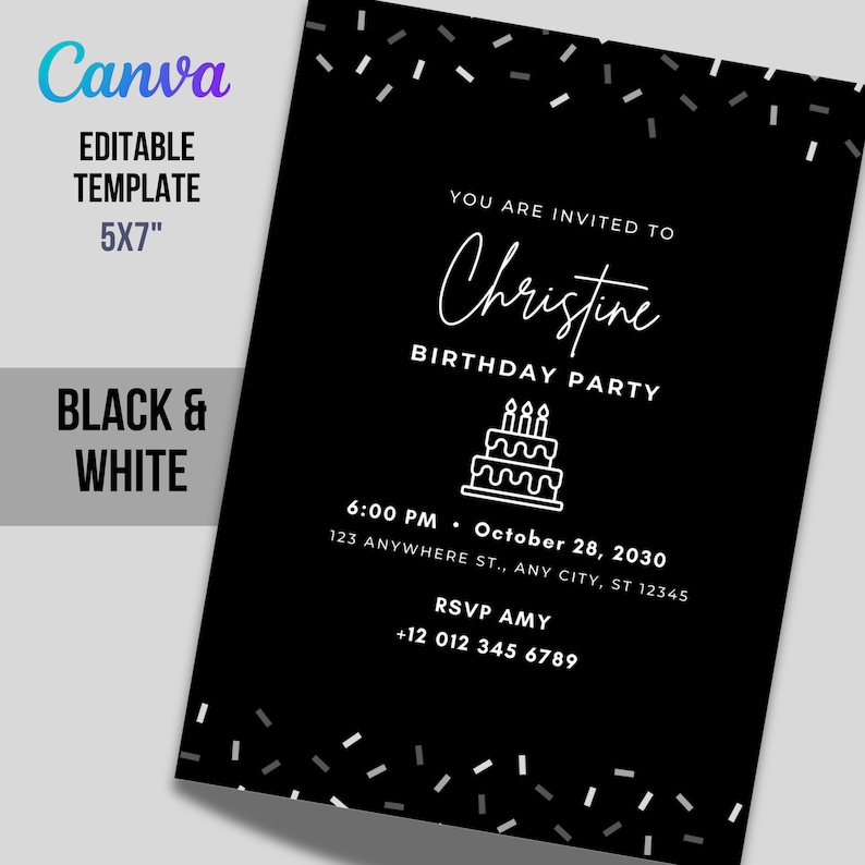 Black & White Birthday Invitation Template 5x7" Canva Editable (PDF