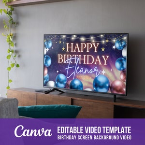 May include: Editable video template for a birthday screen background. The video features a purple and blue galaxy background with shiny blue and pink orbs and gold stars. The text "Happy Birthday Eleanor July 23rd" is displayed in a gold and white font.
