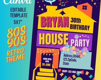 90s Retro Birthday Invitation Template: House Party (5x7" Printable PDF)