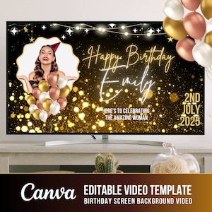 May include: Editable video template for a birthday celebration. The template features a black background with gold glitter, a photo frame, and the text "Happy Birthday Emily" with the date "2nd July 2025".