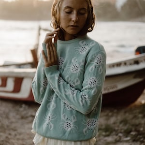 Può includere: Una donna indossa un maglione blu chiaro con un motivo a granchio bianco. Il maglione ha maniche lunghe e un collo rotondo. Indossa una fascia bianca e ha i capelli tirati indietro.