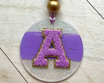 Purple Varsity Letter Initial Car Charm | Personalized Chenille Letter Charm | Gift | Glitter Car Charm