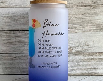 Blue Hawaiian Drink Recipe Tumbler on Frosted Glass| 16 oz | Sublimation| Customizable |