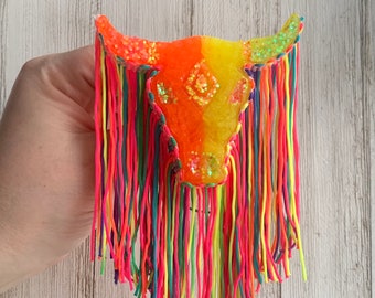 Rainbow Neon Fringe Aztec Bull Skull Vent Clip Car Freshie | Freshener Aromie | Steer | sealed glitter