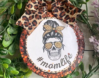 Skull #momlife Leopard Round Aroma Car Air Freshie Freshener Aromie | Mom Life | Messy Bun