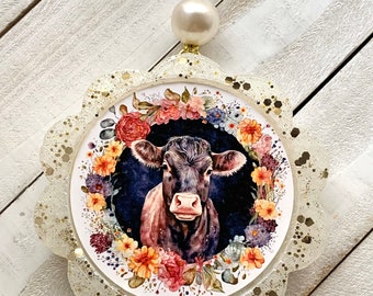 Cow Freshie Round Aroma Car Air Freshie Freshener Aromie | Scalloped Freshie | Watercolor Cow Freshie