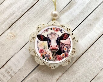 Cow Freshie Round Aroma Car Air Freshie Freshener Aromie | Scalloped Freshie | Watercolor Cow Freshie