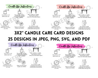 Candle Care Cards Digital Download PNG, SVG, Jpeg, & PDF | 25 Designs | 3x2" Business Card Size