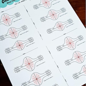 May include: A white sheet printed with ring sizer templates. Each template has a red target design, measurement markings, and the text "20ga (0.812mm approx.)". The sheet also includes the text "US/CA RING SIZES". Measurements are in millimeters.