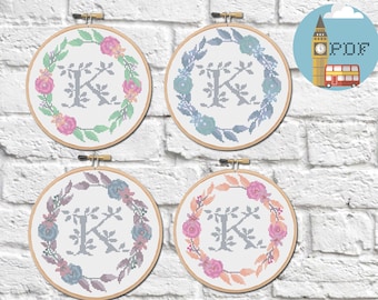 Letter Cross Stitch Pattern - "K" Cross Stitch Monogram with floral wreath | Personalised Cross Stitch Pattern | Wedding Cross Stitch