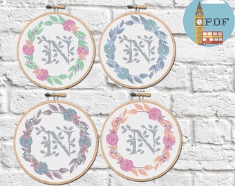 Letter Cross Stitch Pattern - "N" Cross Stitch Monogram with floral wreath | Personalised Cross Stitch Pattern | Wedding Cross Stitch