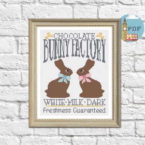 Vintage Easter Cross Stitch Pattern | Modern farmhouse easter bunny cross stitch kit, chocolate bunny factory easter diy decoration